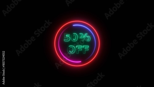 50 percent off discount offer sell icon illustration. Up to 50% off neon text background.