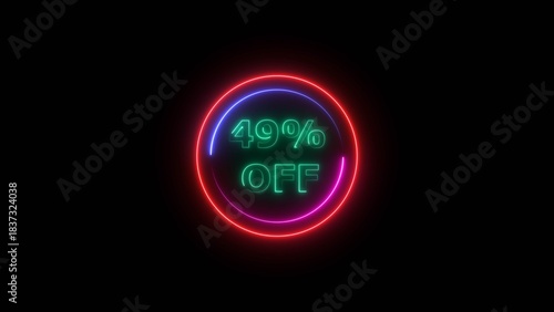 49 percent off discount offer sell icon illustration. Up to 49% off neon text background.