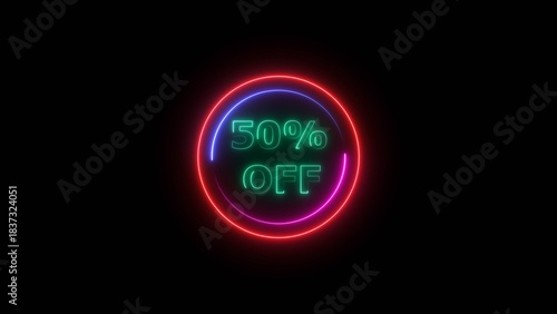 50 percent off discount offer sell icon illustration. Up to 50% off neon text background.