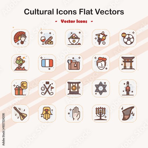 Flat vector illustrations of various cultural icons worldwide