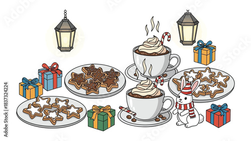Festive Treats and Joy: Indulge in the warmth of the season with delightful cookies, steaming hot cocoa, charming presents and lovely little bunny to cherish the holiday spirit.