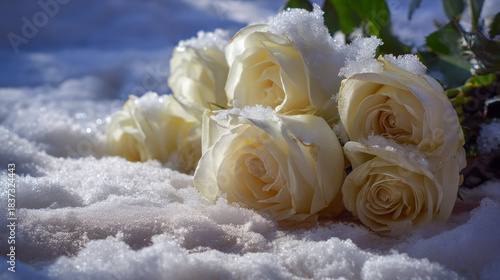 White Roses Glistening Softly Under Bright Winter Sunlight
