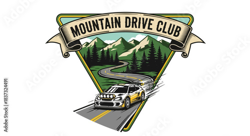 Mountain drive adventure logo design with a sports car on a winding road among green mountains and pine trees under a banner