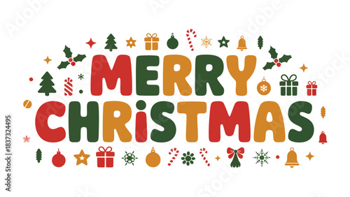Festive Holiday Greeting: A vibrant and colorful design spells out Merry Christmas, surrounded by festive ornaments like gifts, candy canes, and stars.