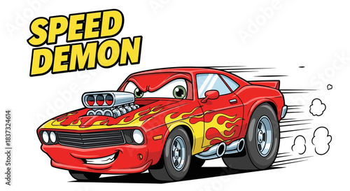 Speed demon cartoon character red muscle car with flames and big engine on white background comic style illustration