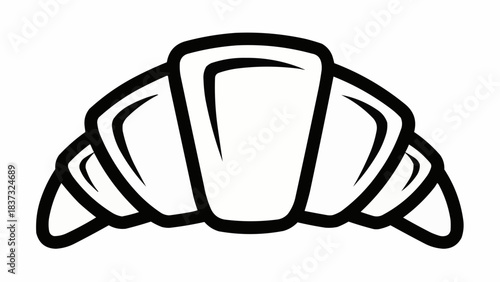 Simple black and white illustration of a croissant, a flaky pastry, typically enjoyed for breakfast, depicted from a straightforward front view