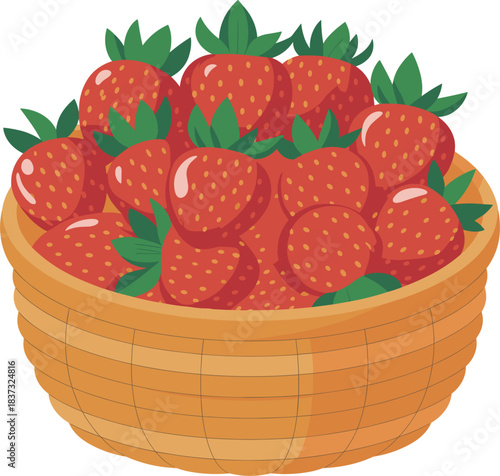 Vector Illustration of a Wicker Basket Filled with Fresh Red Strawberries, Ripe Summer Fruit with Green Leaves Ready for Picking or Eating