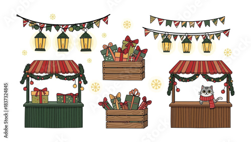 Festive Christmas Market: An illustration of a whimsical Christmas market scene, filled with charming stalls, sparkling garlands, glowing lanterns, and festive presents.