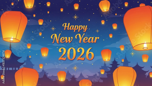 Floating Lanterns of Celebration: The night sky ignites with radiant lanterns, their warm glow illuminating a scene of jubilation. Happy New Year 2026 written above.
