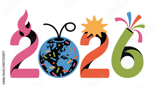 New Year 2026: A vibrant and imaginative illustration of the year 2026, filled with festive elements. The artwork bursts with colorful creativity and festive flair.