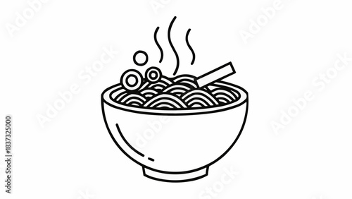Steaming hot noodles in a bowl with chopsticks, a simple illustration of a meal, viewed from the front