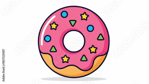 A colorful illustration of a donut with pink glaze, stars, and sprinkles on a transparent background viewed from the front, file reference 8 dec_t4p6os_fx.svg