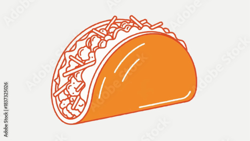 Vibrant orange taco illustration with detailed filling, viewed from a 3D perspective, showcasing culinary artistry and Mexican cuisine in a digital graphic