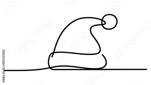 minimalist one line drawing of a santa claus hat with fluffy pom pom, simple continuous line christmas illustration for festive holiday decor design