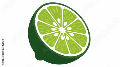 A halved lime is depicted in a graphic illustration from a close-up viewpoint.