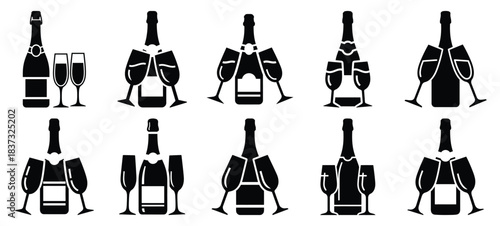 Black and white champagne bottle glasses vector icon set and New Year 2026 holiday concept set