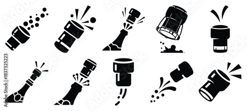 Black and white champagne cork flying vector icon set and New Year 2026 holiday concept set