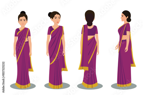 Indian Female Wearing Saree, 2d Character Different poses For Animation