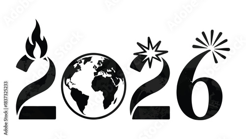 Symbol of the future 2026: An evocative design featuring the globe integrated within the numbers 2026, representing a symbolic vision. The bold visuals includes a fire and a star.
