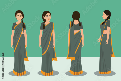 Indian Female Wearing Saree, 2d Character Different poses For Animation