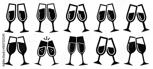 Black and white champagne flute pair vector icon set and New Year 2026 holiday concept set