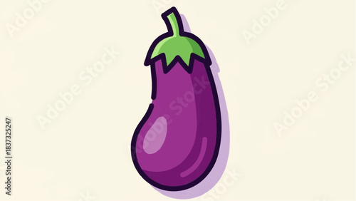 A vibrant purple eggplant with green stem, vector illustration, isolated on a minimalist background, viewed from the front, showcasing the vegetable's sleek texture and shape