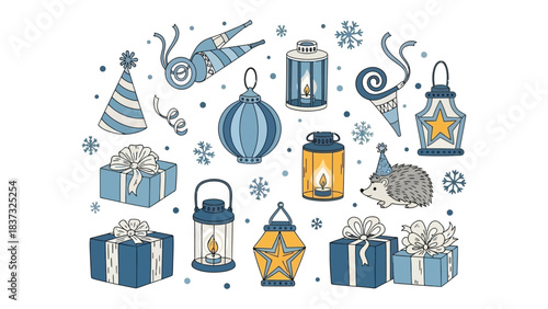 Festive Ornament Collection: A delightful collection of holiday ornaments and party decorations, featuring cheerful gifts, whimsical lanterns, and playful winter elements.