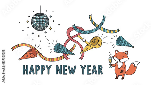 Happy New Year Celebration: festive illustration featuring a cartoon fox, a disco ball, ribbons, and horns, this artwork perfectly encapsulates the joy and spirit of a celebratory New Year's event.