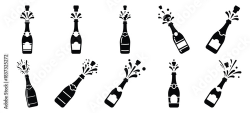 Black and white clinking champagne glasses vector icon set and New Year 2026 holiday concept set