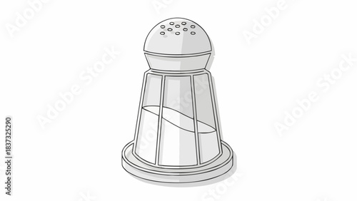 Minimalist greyscale vector illustration of a classic kitchen salt shaker, filled with granular seasoning, perfect for food flavoring and culinary use. Essential condiment container icon