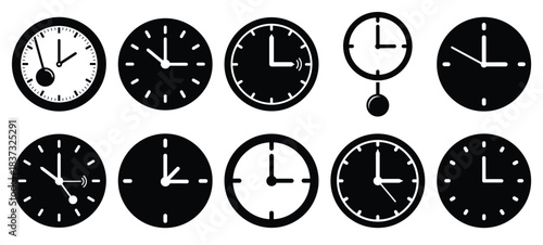 Black and white clock ticking midnight vector icon set and New Year 2026 holiday concept set