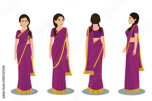 Indian Female Wearing Saree, 2d Character Different poses For Animation