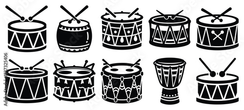 Black and white festive drum vector icon set and New Year 2026 holiday concept set
