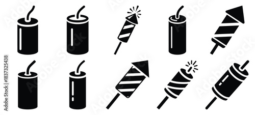 Black and white firecracker single vector icon set and New Year 2026 holiday concept set