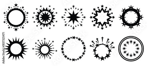 Black and white fireworks star ring vector icon set and New Year 2026 holiday concept set
