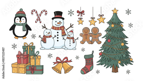 Christmas Festive Collection: A charming compilation of festive elements, including snowman, christmas tree, gifts, bell, and candy cane, evoke the spirit of the season.