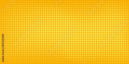 Yellow dots halftone pattern. Retro comic orange gradient background. Bright space orange pixelated effect dotted texture overlay. Cartoon pop art style with faded gradient pattern. Vector eps10