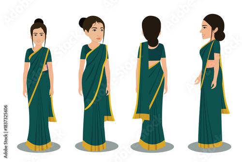 Indian Female Wearing Saree, 2d Character Different poses For Animation