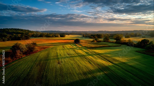 Sunny field with long tree shadows