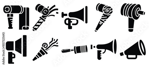 Black and white noise maker vector icon set and New Year 2026 holiday concept set