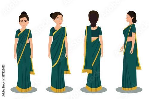 Indian Female Wearing Saree, 2d Character Different poses For Animation