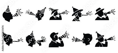 Black and white party horn blower vector icon set and New Year 2026 holiday concept set