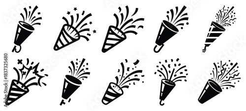 Black and white party popper blast vector icon set and New Year 2026 holiday concept set
