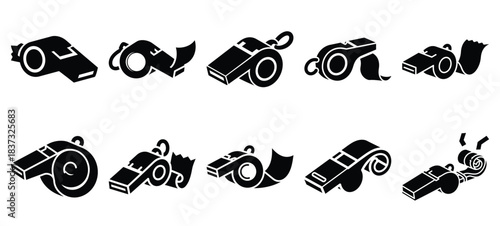 Black and white party whistle vector icon set and New Year 2026 holiday concept set