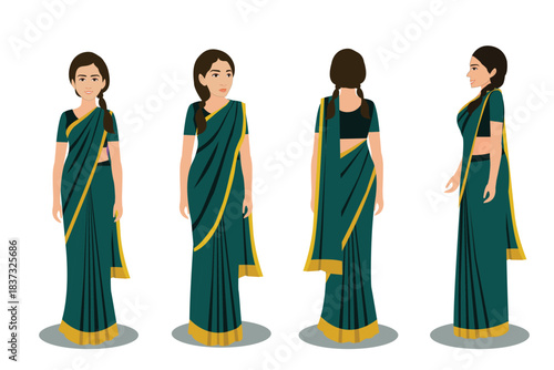 Indian Female Wearing Saree, 2d Character Different poses For Animation