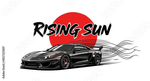Rising sun sportscar design, dynamic racing car illustration with Japanese flag, modern drift car vector art on white background