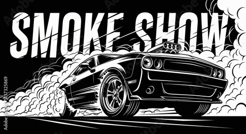 Smoke show classic muscle car burnout drag racing event black and white vector illustration