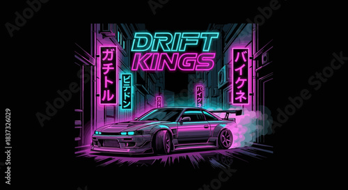 A vibrant neon illustration of a purple sports car enveloped in smoke with text drift kings set against a backdrop of glowing city lights