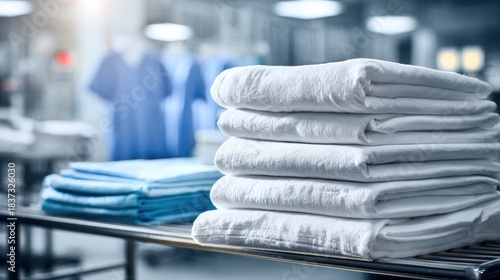 Stack of fresh, clean, folded white towels on a metal shelf in a commercial laundry or hospital environment with blurred background.