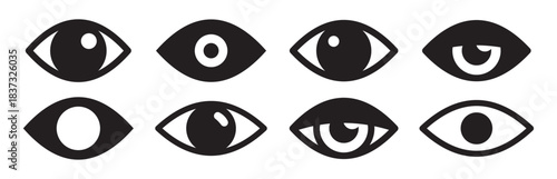 Set of stylized eye symbols with various shapes, pupils and expressions representing vision, view, focus, observation, attention and sight in minimal solid design for universal use – stock vector